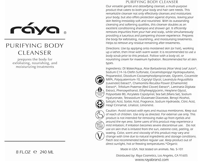 Raya Purifying Body Cleanser 8 oz (S-101) | Gentle Body Wash | Softens and Nourishes | Can Be Used as a Conditioning Hair and Scalp Shampoo | Great for All Skin