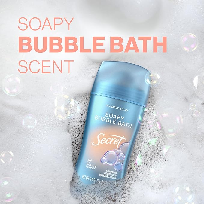 Secret Fresh Antiperspirant Deodorant for Women, 72hr Breathable Sweat & Odor Protection, Instant Freshness & Gentle, PH Balancing Minerals, Invisible Solid, Soapy Bubble Bath Scent, 2.6 oz