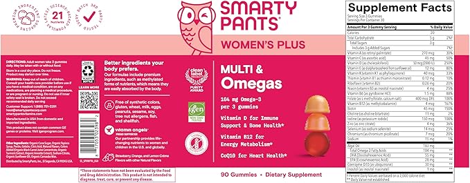 SmartyPants Women's Multivitamin Gummies - Improved Formula: Omega 3 (DHA/EPA), Methylfolate, CoQ10, Vitamin D3, C, Vitamin B12, B6, A, K & Zinc, Inositol, Gluten Free, 90 Count (30 Day Supply)
