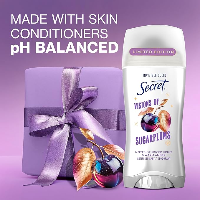 Secret Fresh Antiperspirant Deodorant for Women, 72hr Breathable Odor Protection with Pro-Hyaluronic Acid, Holiday Invisible Solid, Visions of Sugarplums with Spiced Fruit & Warm Amber Scent, 2.6 oz