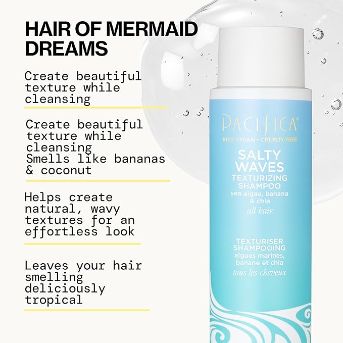 Pacifica Salty Waves Texturizing Shampoo - Beachy Textured, Messy Look, Hair Styles - Moisturizing Hair Care w/ Vitamin B & E - Banana Scent Clean Beauty Vegan & Cruelty-Free Dermatologist Tested