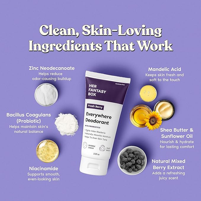 Her Fantasy Box | Everywhere Deodorant | with Probiotics - Berry Scent | Aluminum-Free, Naturally Absorbs Moisture | Fights Odor & Bacteria | Skin-Improving Formula