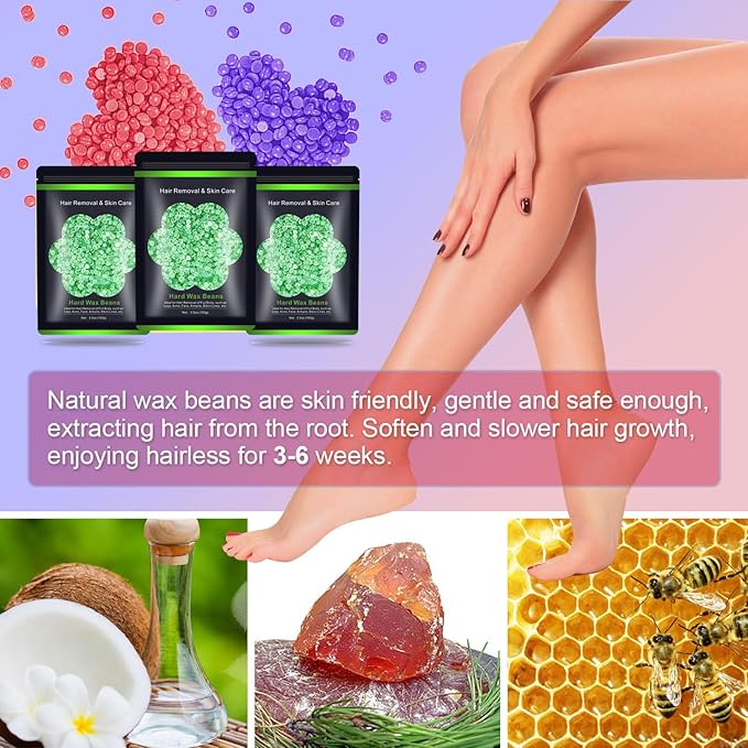 Wax Beads for Hair Removal 10.5oz (300g), Auperwel Hard Wax Beads Beans for Sensitive Skin Brazilian Waxing, Face, Bikini, Eyebrow, Legs, Painless for Women Men, 3 packs Kit with 10 Sticks