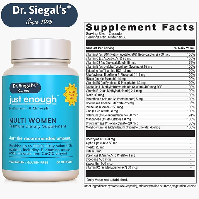 Dr. Siegal's Just Enough Multivitamins for Women - 60 Capsules - 60 Servings Women's Health Supplements - Vegetarian Multivitamin for Women - Womens Multivitamins - Women's Daily Multivitamin