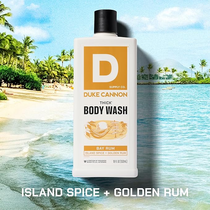 Duke Cannon Supply Co. Thick High Viscosity Body Wash - 3X Thicker, Cleansing Shower and Bath Gel, Mineral-Enriched Body Wash for Men - Island Spice And Golden Rum - Mens Body Scrub - Bay Rum (18 oz)