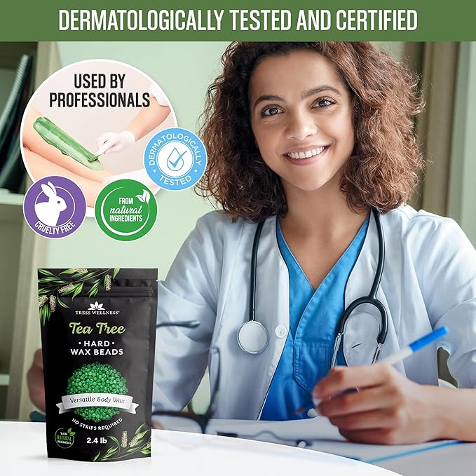 Tress Wellness Wax Beads - Safe for Skin - Dermatologically Tested - At-Home Kit for Bikini, Brazilian & Full Body - Tea Tree 2.4 lb F8