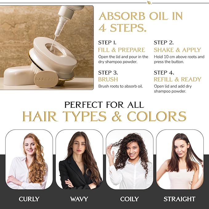 DARCASE Dry Shampoo Powder with Refillable Dry Shampoo Brush - Travel Size Powdered Shampoo Brush - Travel Essentials for Women - Pre-Filled 30ml Unscented Hair Powder Brush & 6.5oz Unscented Bottle