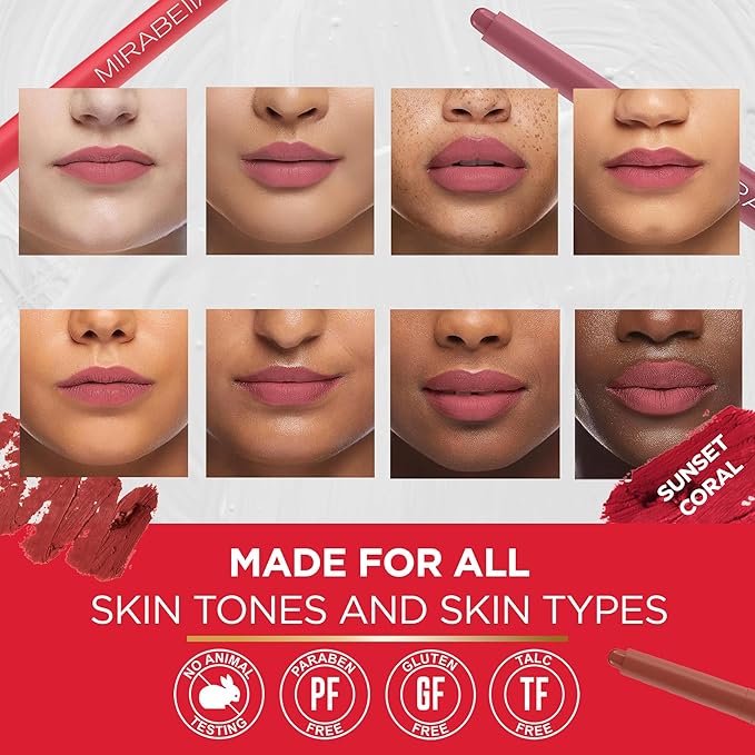 Mirabella - Velvet Matte Lip Crayon, Retractable Highly-Pigmented 2-in-1 Makeup, Long-Lasting Hydrating Lipstick Crayon + Lip Liner, Moisturizing Cream-to-Matte Lipcare Formula, Sunset Coral