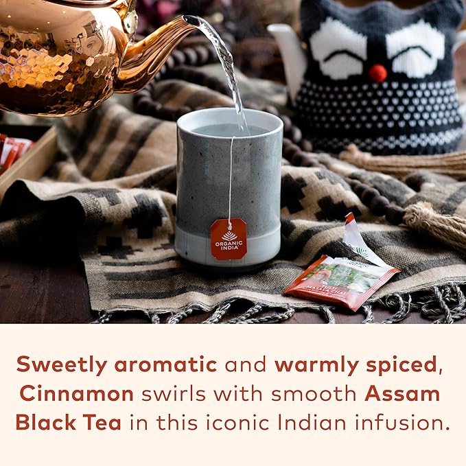 ORGANIC INDIA Tulsi Masala Chai Tea Bags - Holy Basil, Black Tea, Spices with Ginger, Stress Relieving, Immune Support, USDA Certified Organic, Antioxidant, Caffeinated - 18 Infusion Bags, 3 Pack