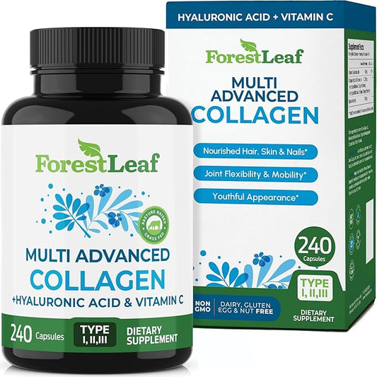 ForestLeaf Multi Collagen Pills - Collagen Men & Collagen Women - Hydrolyzed Collagen Supplements with Vitamin C & Hyaluronic Acid - Collagen Capsules for Hair, Skin & Nails (240 Peptide Capsules)