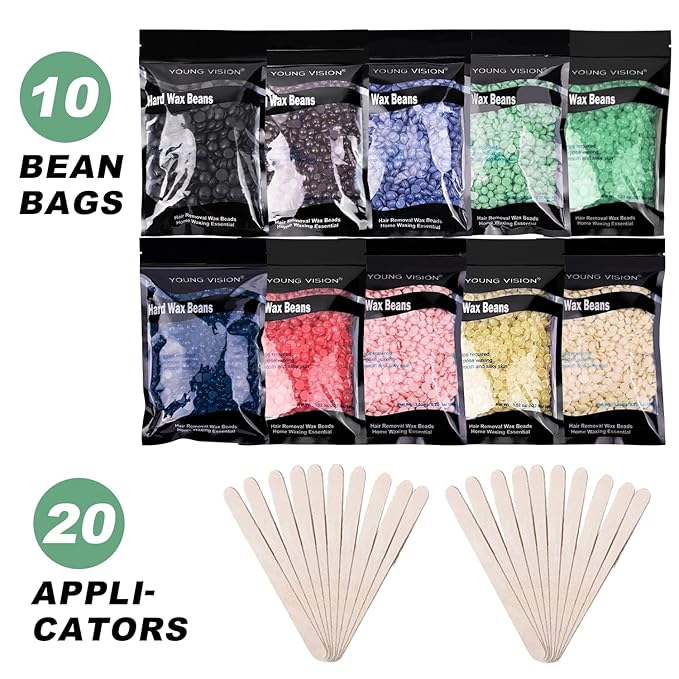 YOUNG VISION Hard Wax Beads for Hair Removal, 2.2lbs 1000g Refill Waxing Beads for Sensitive Skin Women, Face, Brazilian, Bikini, Body, Soft and Painless Waxing Beans, 10 Packs, Multi Color