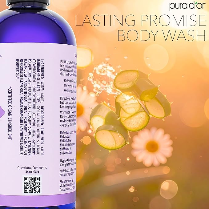 PURA D'OR 16 Oz Lasting Promise Body Wash – Calming Lavender Scent – Aloe Vera Based, Infused with Rosemary & Chamomile Oil – pH Balanced, Sulfate-Free, Hypoallergenic, Vegan – For Men & Women