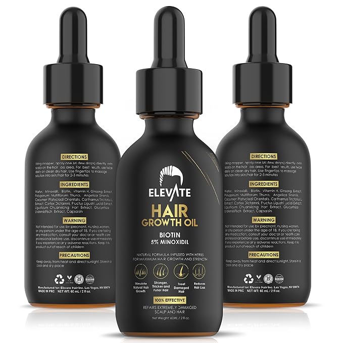 Elevate Hair Regrowth Treatment 5% Minoxidil Solution – Biotin Serum Hair Growth Oil for Men & Women - Thicker Fuller Stronger Hair - Stops Hair Loss & Thinning - Natural Hair Thickening Treatment 2oz