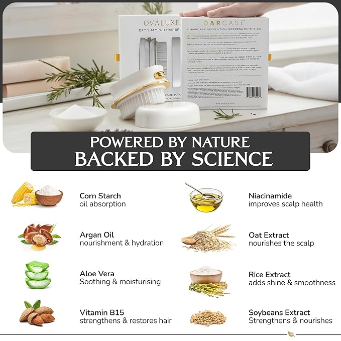 DARCASE Premium Dry Shampoo Brush - Non Aerosol Dry Shampoo for Women - Refillable Travel Size Powdered Shampoo Brush - Travel Essentials for Women - Pre-Filled 30ml Unscented Talc Free Hair Powder