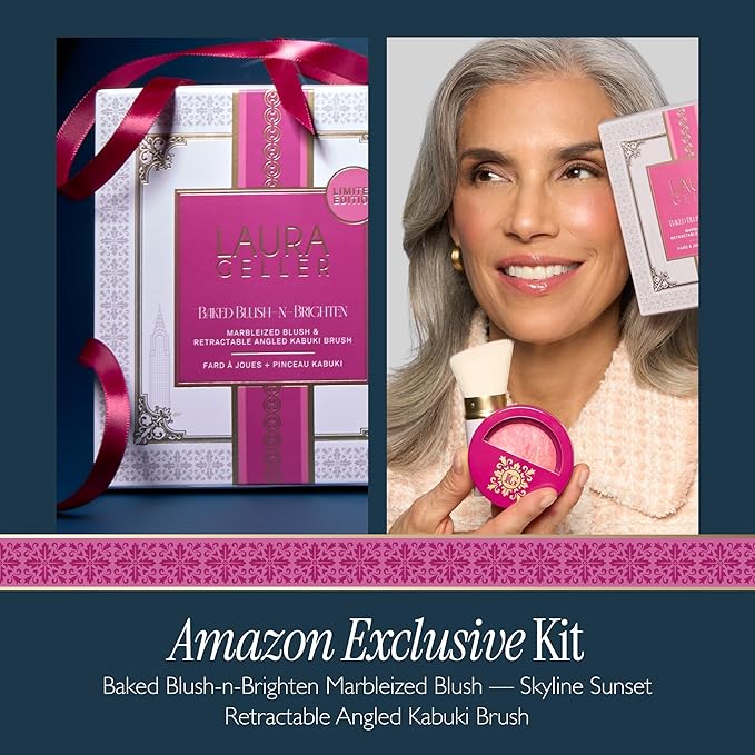 LAURA GELLER NEW YORK Holiday 2025 Limited Edition Baked Blush-n-Brighten Marbleized Blush - Skyline Sunset - Pink Color for Cheeks (02 Skyline Sunset + Kabuki Brush)