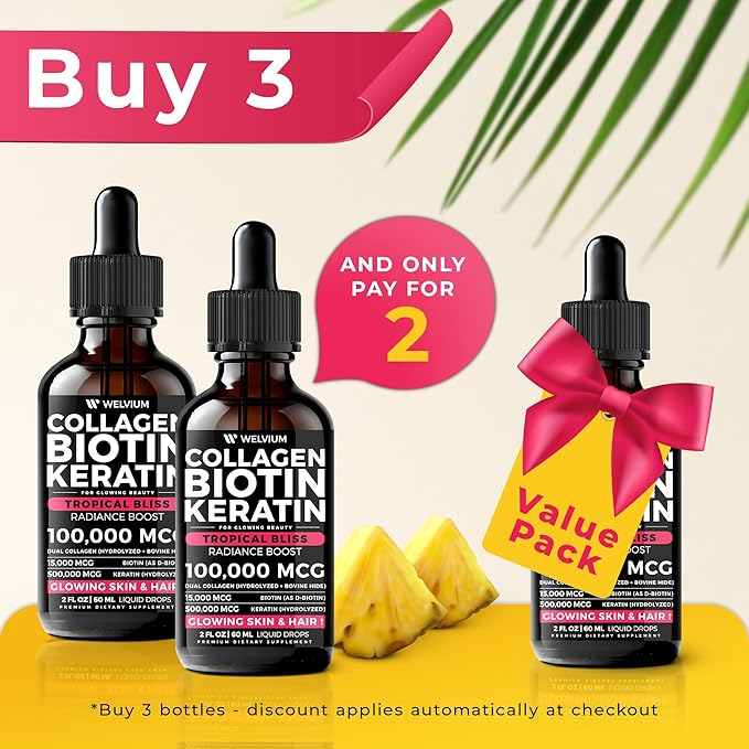 Liquid Biotin and Collagen Peptide Complex with Keratin, Hyaluronic Acid, MCT Oil, Zinc, Vitamins B6, B7, B12, A, C, D3, E - Hair Growth, Skin, and Stronger Nails Supplement for Women and Men