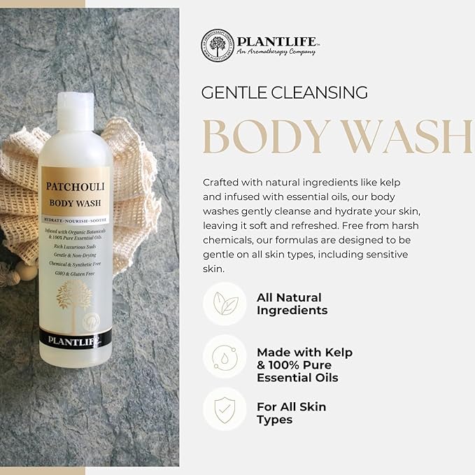 Plantlife Patchouli Body Wash - GMO and Gluten Free Gentle and Moisturizing Body Wash That Contains Only Ingredients Straight from Nature - Manufactured in the USA 14 oz