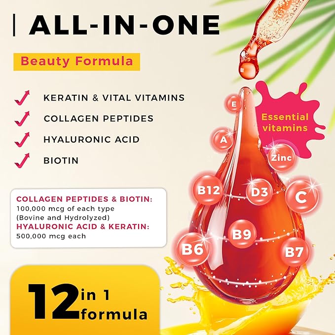 Liquid Biotin and Collagen Peptide Complex with Keratin, Hyaluronic Acid, MCT Oil, Zinc, Vitamins B6, B7, B12, A, C, D3, E - Hair Growth, Skin, and Stronger Nails Supplement for Women and Men