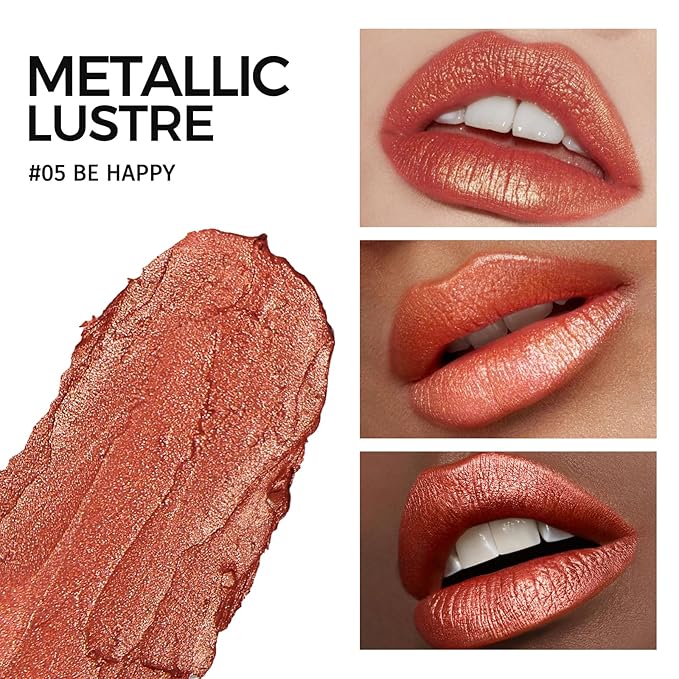 Glitter Metallic Coral Lipstick,High Impact Lipcolor,Lightweight Hydrating Formula Smooth and Non-Sticky,Orange Lipstick For Women,Full-Coverage Lip Makeup (05 BE HAPPY,4g)