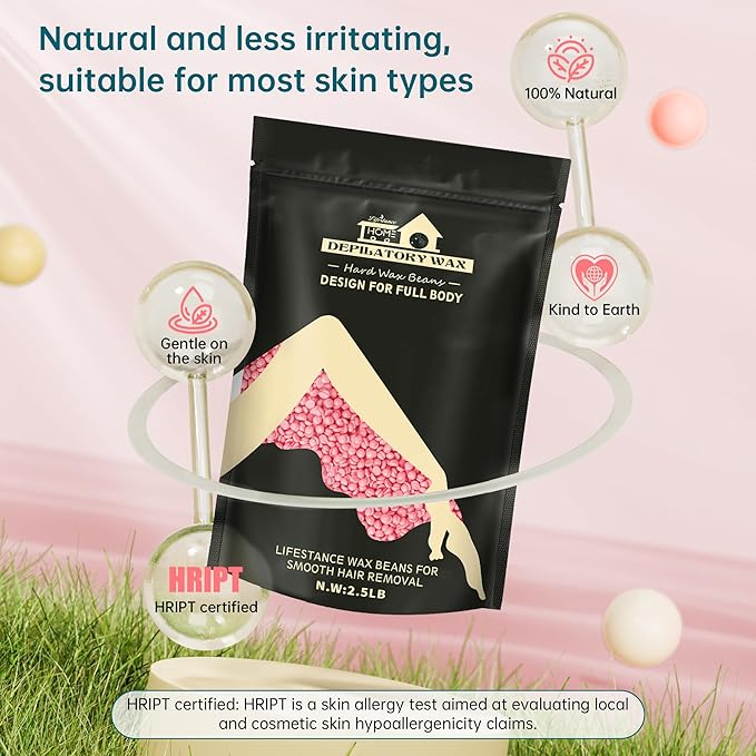 Lifestance Wax Beans Hair Removal Kit, Rose Pink, 2.5lb with 30 Applicators for Eyebrow, Face, Underarm, Bikini Waxing, Women Men Sensitive Skin