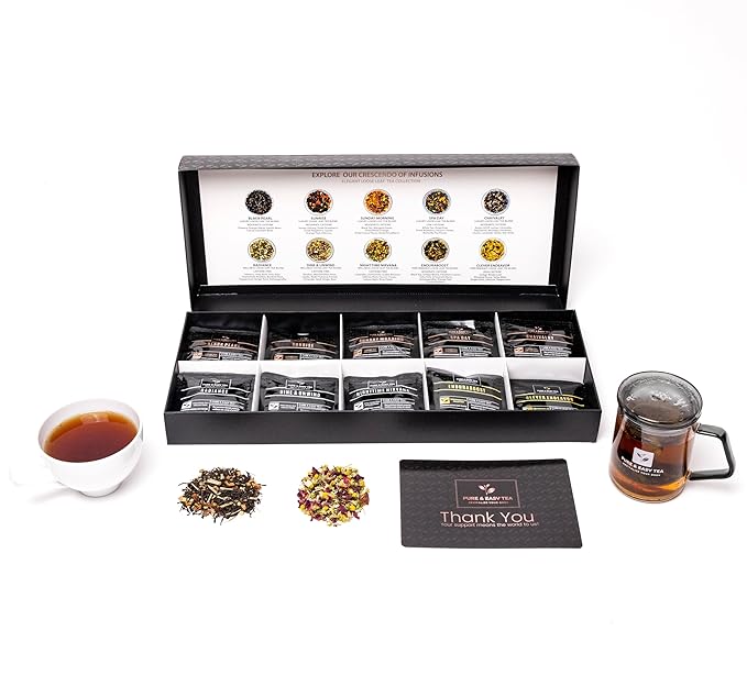 Pure And Easy Tea, Premium Loose Leaf Tea Sampler Set, 30-Count Variety Pack with 10 Herbal & Caffeinated Flavors, Natural Wellness & Luxury Tea Gift Box, 150g
