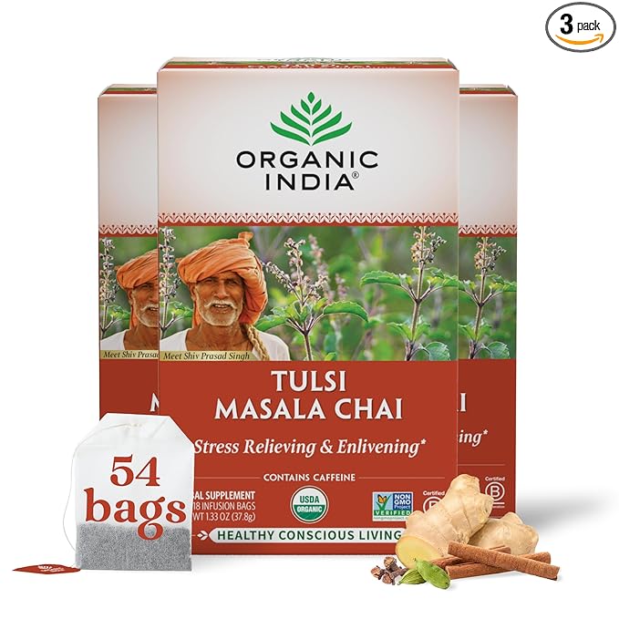 ORGANIC INDIA Tulsi Masala Chai Tea Bags - Holy Basil, Black Tea, Spices with Ginger, Stress Relieving, Immune Support, USDA Certified Organic, Antioxidant, Caffeinated - 18 Infusion Bags, 3 Pack