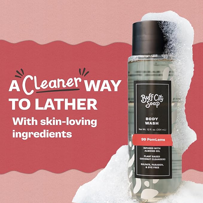 Buff City Soap Plant-Based Body Wash - Coconut Cleansers & Almond Oil Infused. Gentle & Rich Non-Drying Lather, Helps Reduce Moisture Loss & Supports Natural Skin Barrier - 99 Pomlems, 12 fl oz