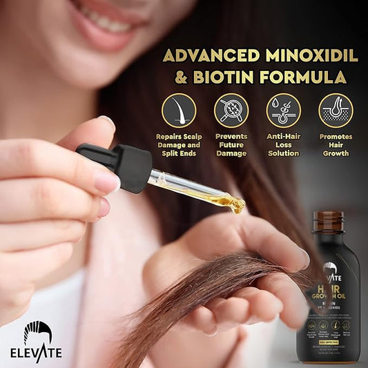 Elevate Hair Regrowth Treatment 5% Minoxidil Solution - Biotin Serum Hair Growth Oil for Men & Women - Thicker Fuller Stronger Hair - Stops Hair Loss & Thinning - Natural Hair Thickening Treatment 1oz