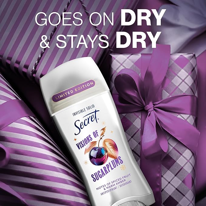 Secret Fresh Antiperspirant Deodorant for Women, 72hr Breathable Odor Protection with Pro-Hyaluronic Acid, Holiday Invisible Solid, Visions of Sugarplums with Spiced Fruit & Warm Amber Scent, 2.6 oz