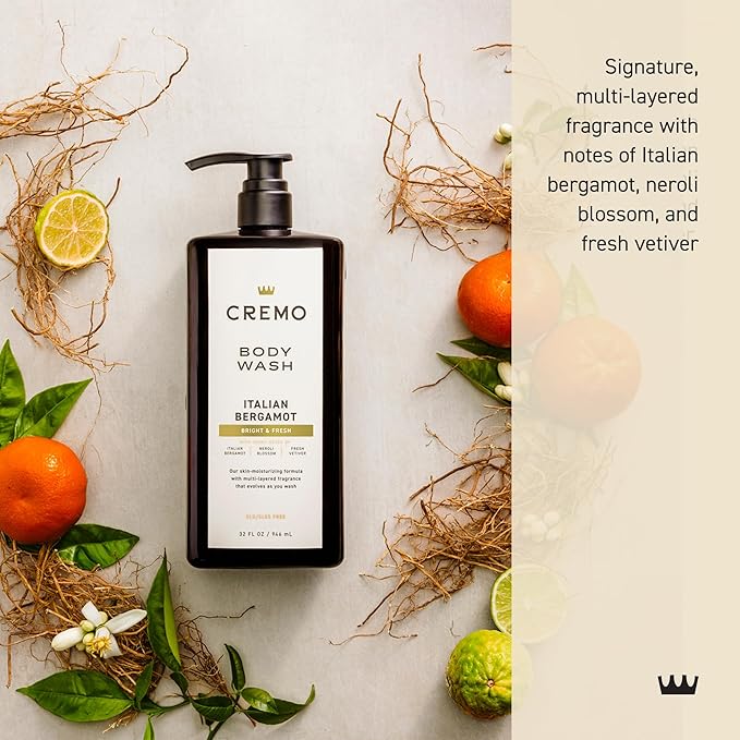 Cremo Rich-Lathering Italian Bergamot Body Wash for Men, Notes of Italian Bergamot, Neroli Blossom, and Fresh Vetiver, 32 Fl Oz