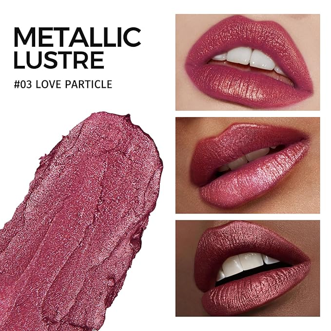 Glitter Metallic Plum Lipstick,High Impact Lipcolor,Lightweight Hydrating Formula Smooth and Non-Sticky,Rose Lipstick For Women,Full-Coverage Lip Makeup (03 LOVE PARTICLE, 4g)