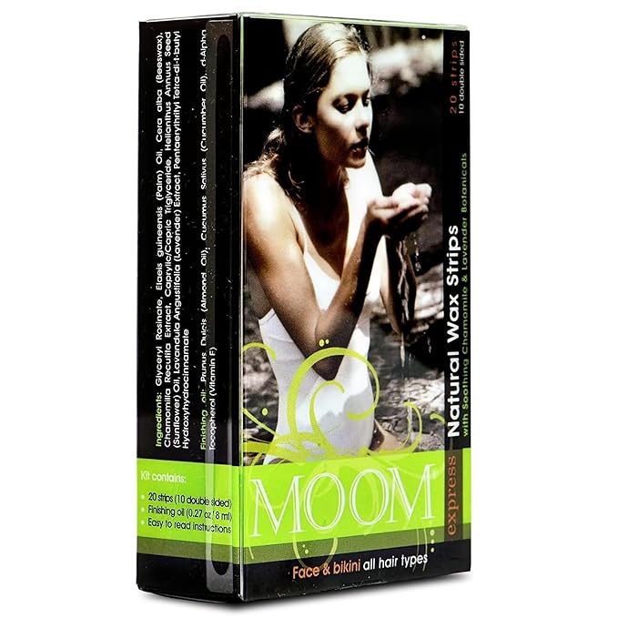 MOOM Express Wax Strips with Chamomile & Lavender, Hair Removal Kit with Finishing Oil – Face, Bikini Area & Brazilian, 10 Double-Sided Strips (1 Pack), 20 Count