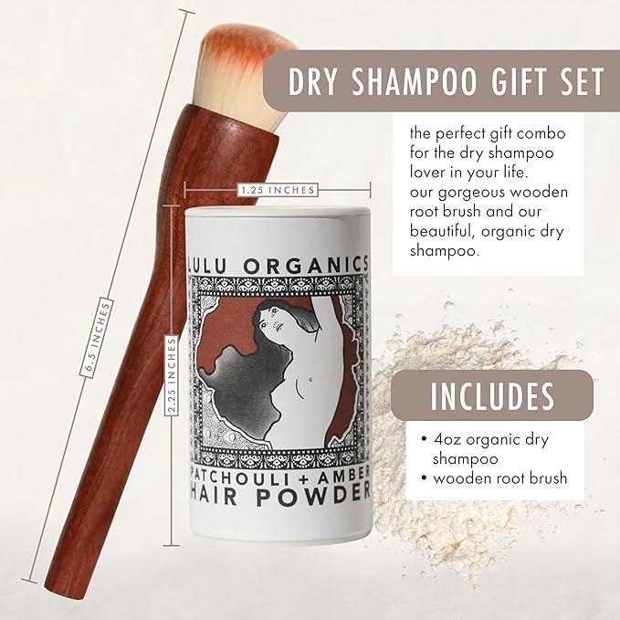 Non-Aerosol Dry Shampoo Powder with Hair Brush for Dark, Blonde and Oily Hair, All Natural Organic Body Powder, Paraben & Talc free No White Cast Synthetic Fragrance, Patchouli & Amber - 1oz