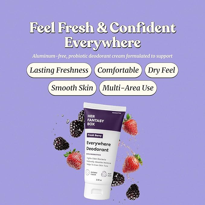 Her Fantasy Box | Everywhere Deodorant | with Probiotics - Berry Scent | Aluminum-Free, Naturally Absorbs Moisture | Fights Odor & Bacteria | Skin-Improving Formula