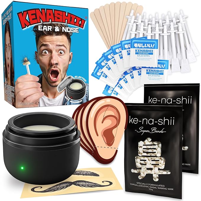 Kenashii Ear & Nose Waxing Kit, Wax Warmer Set, 100g Wax, 24 Professional Applicators, No Microwave Required, Effective Nose and Ear Hair Removal For Men and Women, 12 Balm Wipes, Storage Bag