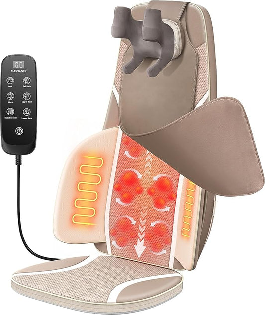 Flekzo Shiatsu Back & Neck Massage Chair Seat Cushion with Heat – 4D Kneading, Adjustable Intensity, Adjustable Neck Height, Full Back Pain Relief, Deep Tissue, Office Chair Massager, Brown