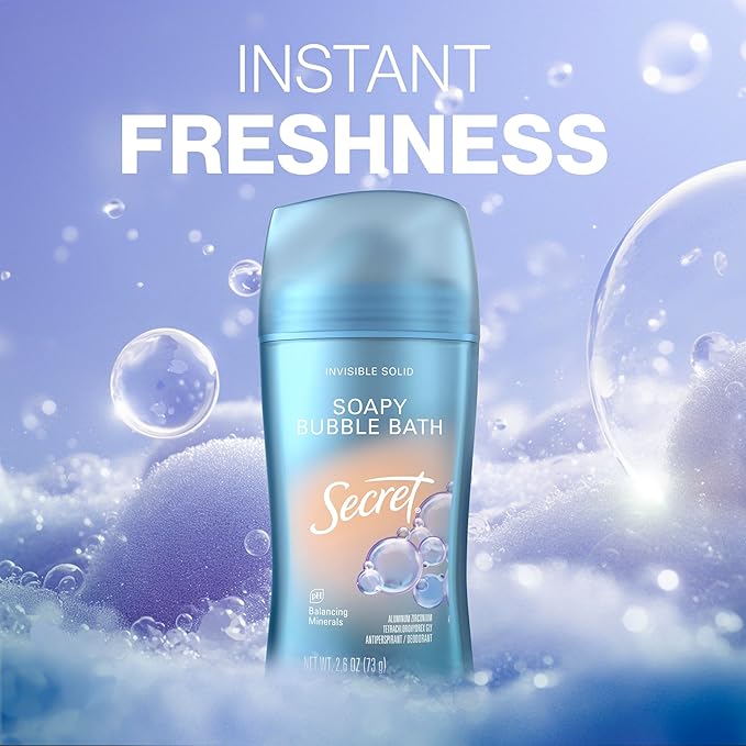 Secret Fresh Antiperspirant Deodorant for Women, 72hr Breathable Sweat & Odor Protection, Instant Freshness & Gentle, PH Balancing Minerals, Invisible Solid, Soapy Bubble Bath Scent, 2.6 oz