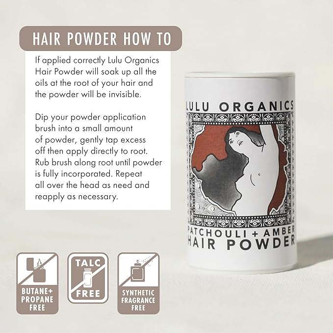 Non-Aerosol Dry Shampoo Powder with Hair Brush for Dark, Blonde and Oily Hair, All Natural Organic Body Powder, Paraben & Talc free No White Cast Synthetic Fragrance, Patchouli & Amber - 1oz