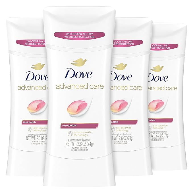 Dove Advanced Care Antiperspirant Deodorant Stick Rose Petals 4 Count for after shave care for underarms 72 hour odor control with all-day sweat protection stick for soft underarms 2.6 oz