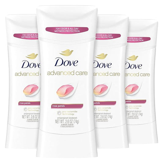 Dove Advanced Care Antiperspirant Deodorant Stick Rose Petals 4 Count for after shave care for underarms 72 hour odor control with all-day sweat protection stick for soft underarms 2.6 oz