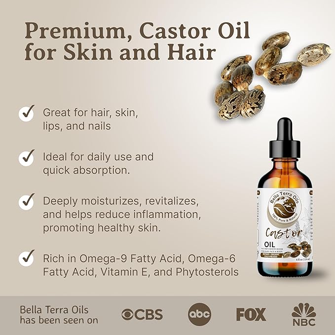 Bella Terra Oils - Organic Castor Oil 16oz - Unlocking the Power of Pure Organic Castor Nutrients, Abundant in Natural Antioxidants, Your Go-to Beauty Elixir