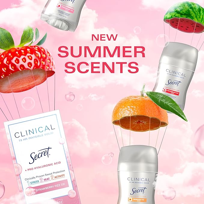 Secret Clinical Strength Antiperspirant Deodorant for Women, 3X Stress Protection, 72hr Sweat & Odor Protection, Pro-Hyaluronic Acid, Invisible Solid, Strawberry Summer Fizz Scent, 1.6 oz