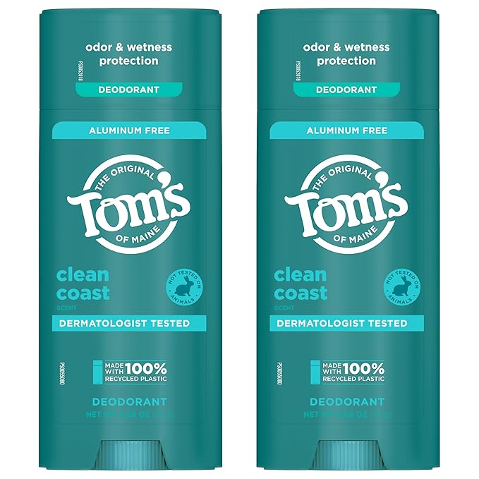 Tom’s of Maine Clean Coast Aluminum Free Natural Deodorant For Women & Men | Goes on Clear | Odor & Wetness Protection | Naturally Derived and Moisture-Locking Ingredients | 3.25 oz (2 Pack)