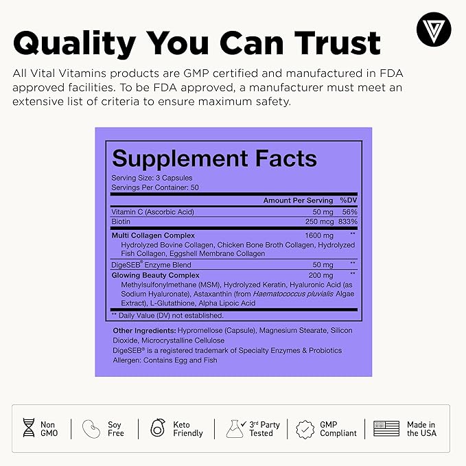 Vital Vitamins Multi Collagen Complex Plus - with Biotin, Hyaluronic Acid, Vitamin C - Type I, II, III, V, X - for Women & Men - Hair, Skin, Nails Beauty Complex - 150 Capsules