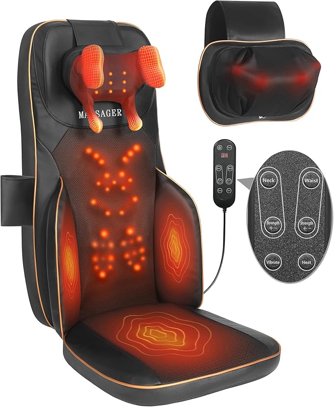 Shiatsu Neck Back Massager Chair Cushion w/Heat - Full-Back Massage Cushion with Kneading, Rolling, Vibration- Adjustable Neck Height & Intensity - Heated Seat for Home & Office