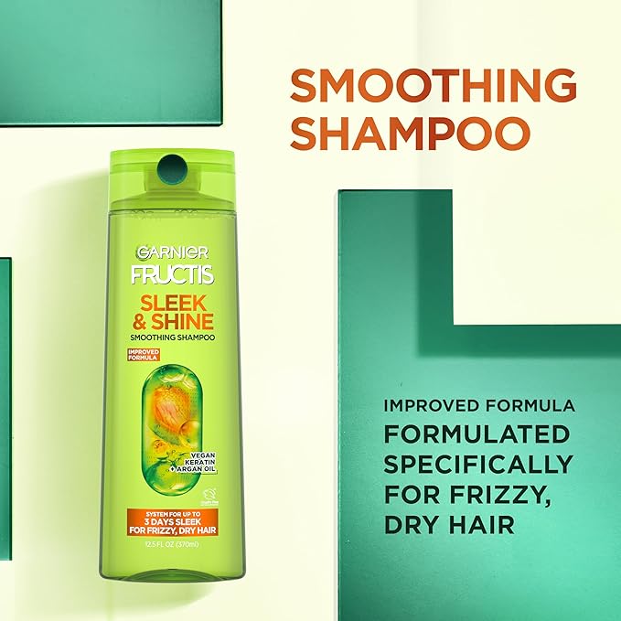 Garnier Fructis Sleek & Shine Shampoo, Conditioner + Leave-In Conditioner Set for Frizzy, Dry Hair, Plant Keratin + Argan Oil (3 Items), 1 Kit (Packaging May Vary)