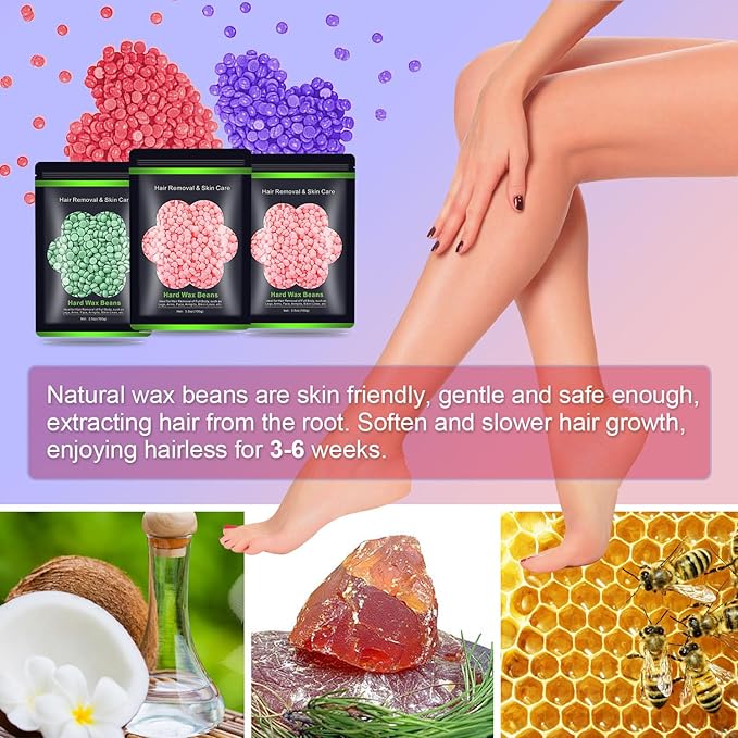 Wax Beads for Hair Removal 10.5oz (300g), Auperwel Hard Wax Beads Beans for Sensitive Skin Brazilian Waxing, Face, Bikini, Eyebrow, Legs, Painless for Women Men, 3 packs Kit with 10 Sticks