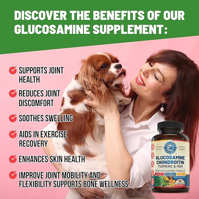 Advanced Joint Support Supplement with Glucosamine Chondroitin MSM Turmeric Boswelia. Supports Inflammatory Response, Discomfort Relief for Knees Hands Back & Joints. NSF Certified, USA Made. 90 Count