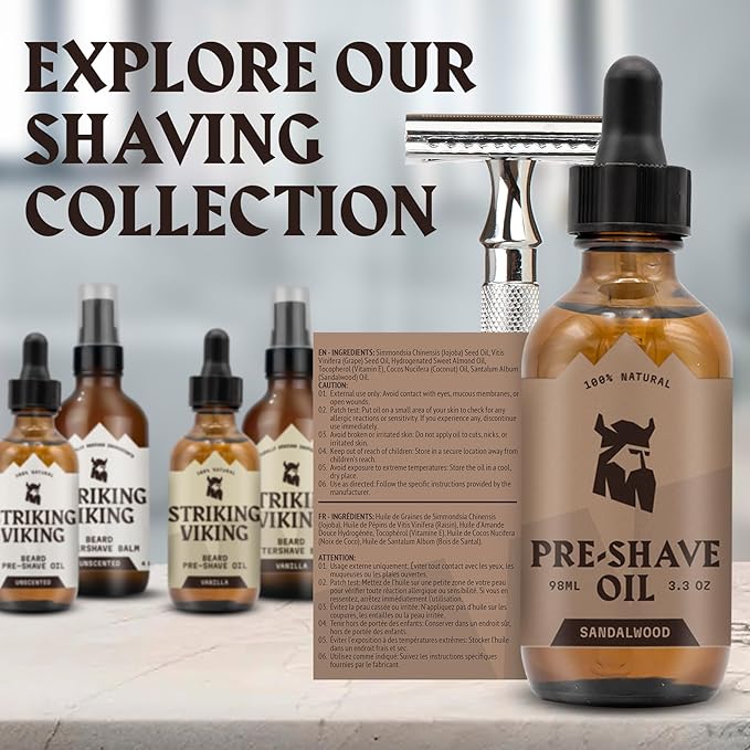 Striking Viking Pre Shave Oil - 3.3 fl oz, Sandalwood - Shaving Oil for Men for Safety Razor Prep & Smooth Protective Formula
