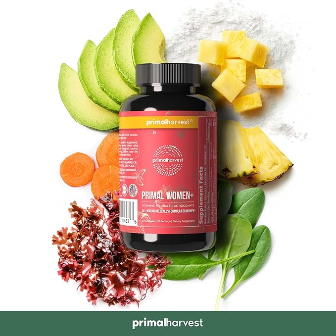 Primal Harvest Women+, Woman's Multivitamin Vitamin A, Vitamin C, Vitamin D and E, Vitamin B12, B6, Biotin, Zinc Supplements,1 Pack 60 Capsules